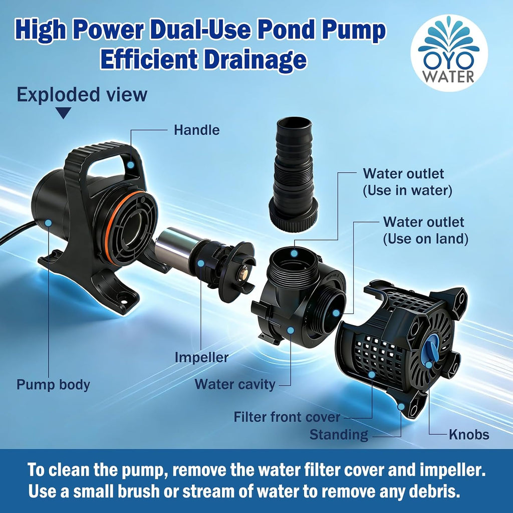 OYO WATER Pond Pump, 5100 GPH Adjustable Flow Submersible Water Pump with Filter Bag, UL Listed Copper Motor, IPX8 Waterproof 20.3ft Cord for Koi Pond, Fountain, Waterfall, Hydroponics, Irrigation