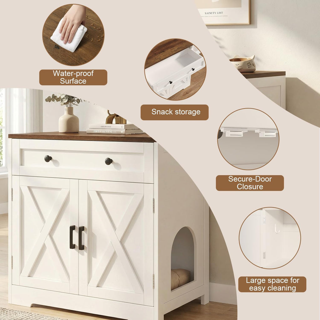 Cat Litter Box Enclosure with Storage Drawers, Hidden Litter Box Wooden Furniture, Modern Farmhouse Indoor Cat House, Multifunctional Side Table, White