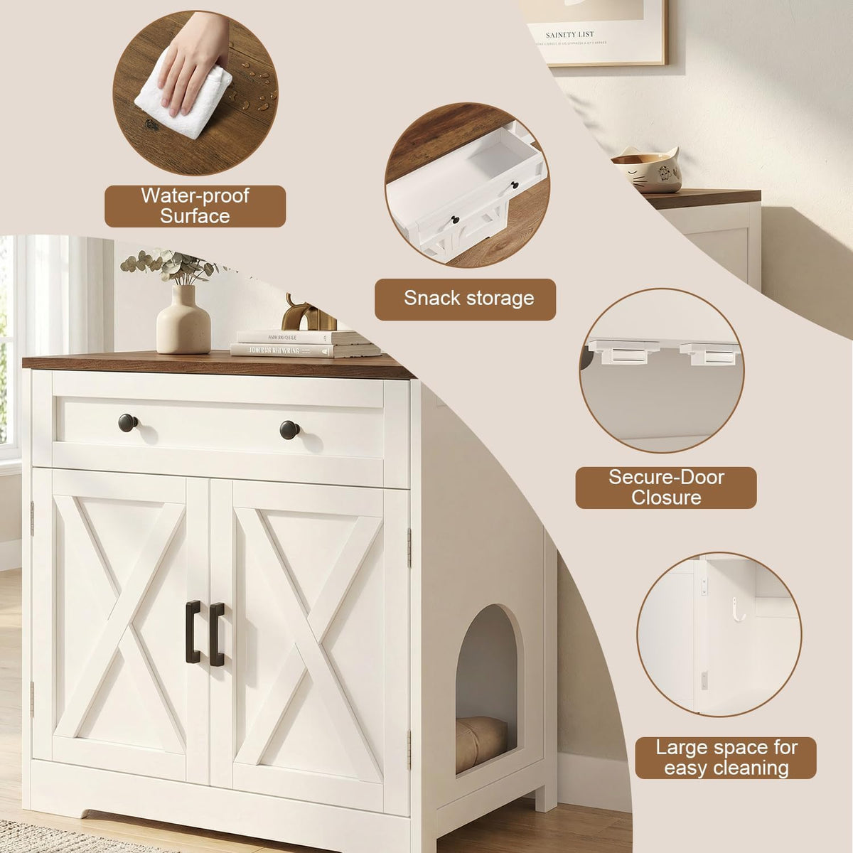Cat Litter Box Enclosure with Storage Drawers, Hidden Litter Box Wooden Furniture, Modern Farmhouse Indoor Cat House, Multifunctional Side Table, White