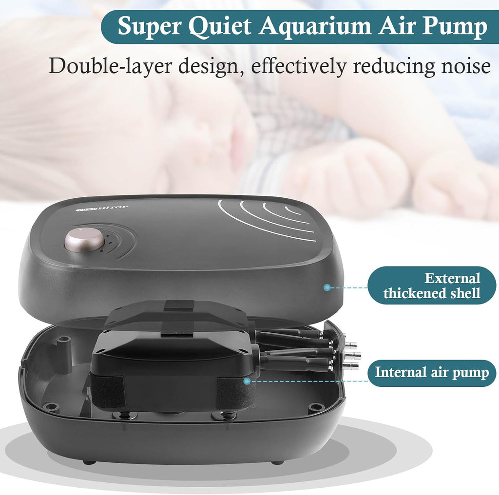 HITOP 10W Powerful Aquarium Air Pump: 4-Outlets 320GPH Air Pump for Fish Tank, Quiet Aquarium Aerator with Completely Accessories, for Tank/Hydroponic/Pond Oxygenation