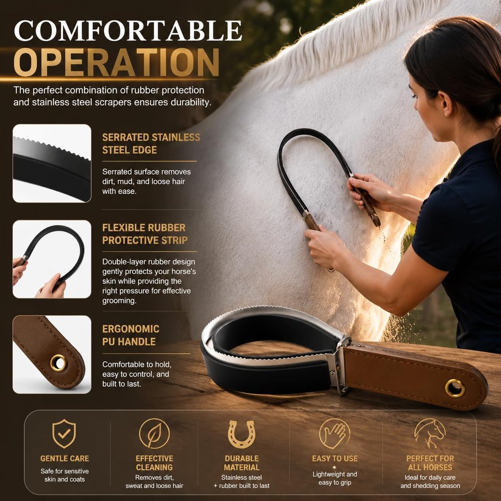 2 in 1 Horse Shedder Scraper Dual-Sided Shedding Brush - Stainless Steel Blade for Loose Hair & Rubber Back for Sweat Water, PU Handle Grip for Horses Cattle