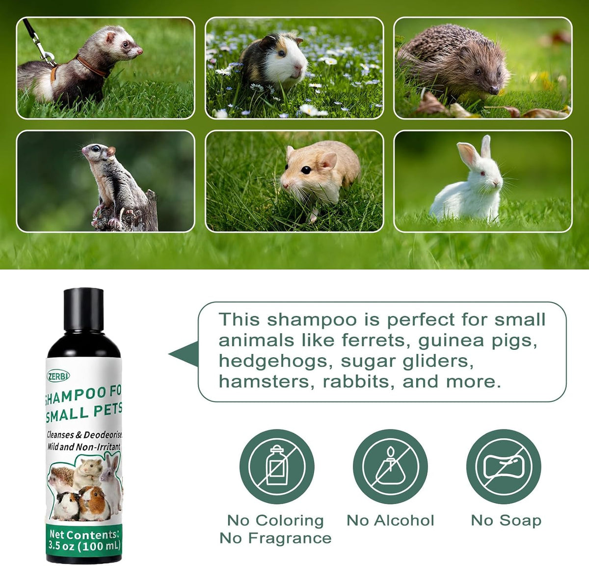 Guinea Pig Shampoo 3.5 oz - Gentle Shampoo for Small Pets Including Ferrets, Rabbits, Hedgehogs, Hamsters & Sugar Gliders - Hypoallergenic, Fragrance-Free, Soothes Itchy Skin & Removes Odors