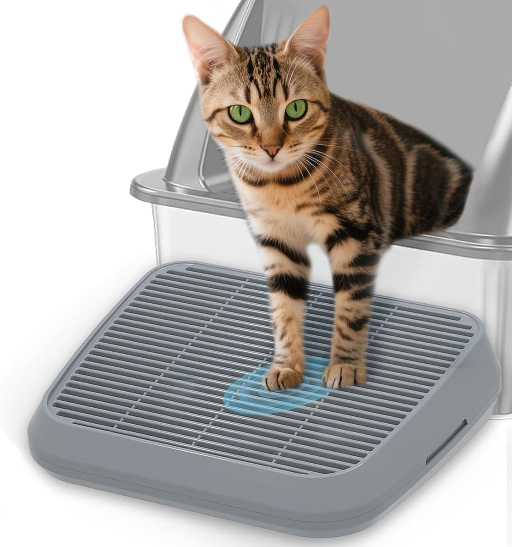 Elevated Litter Box Ramp/Steps for Kittens & Old Cats,Washable Litter Catcher Stairs for Automatic Cat Litter Box,Anti-Tracking Cat Litter Mat Pedal with Filter,Easy to Clean (Light Grey)