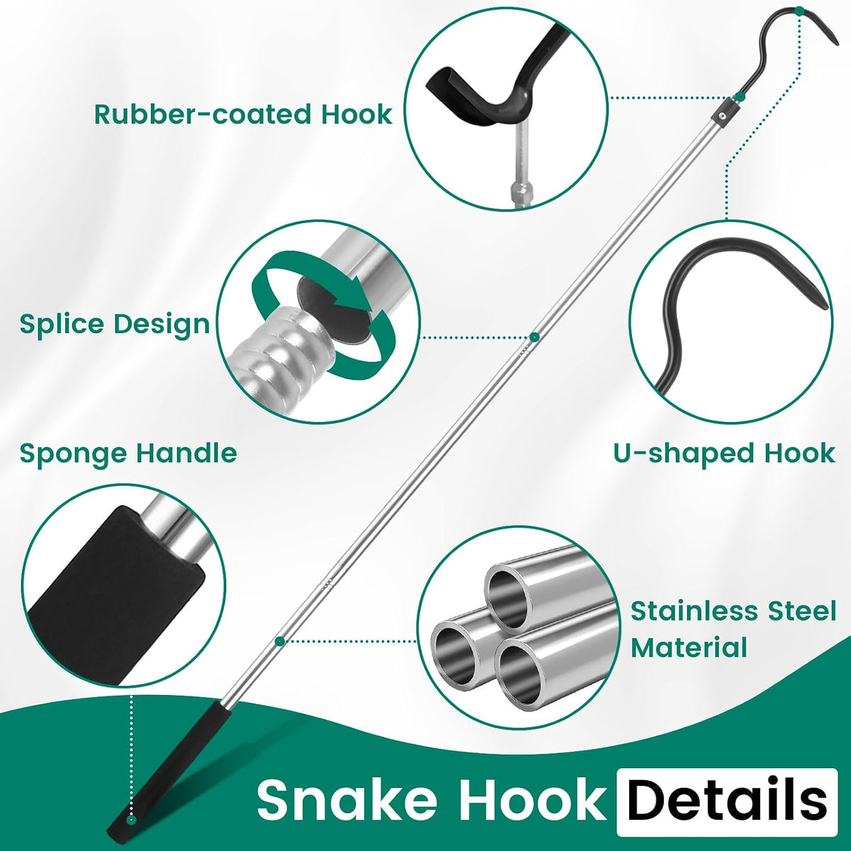 Snake Hook, 35"-65" Reptile Snake Hook Heavy Duty Long for Ball Python Rattlesnakes Rattle Copperhead Removal with Sponge Grip and Stainless Steel Rubber Tip Hook