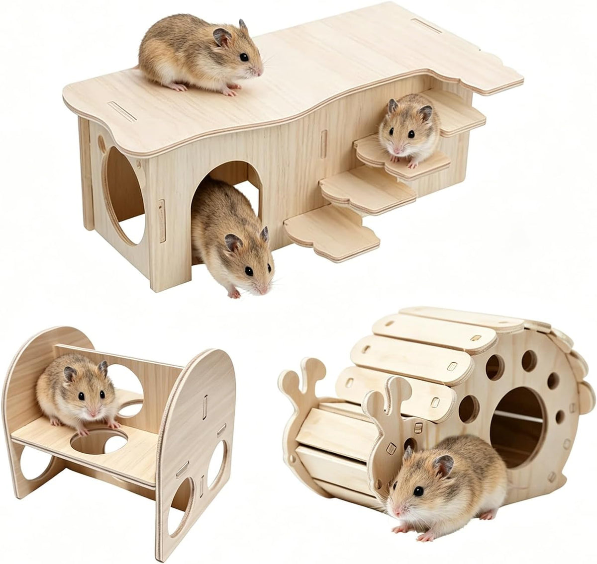 3 Pcs Wooden Hamster Platform Set,Snail‑Shaped Hideout with Climbing Ladder