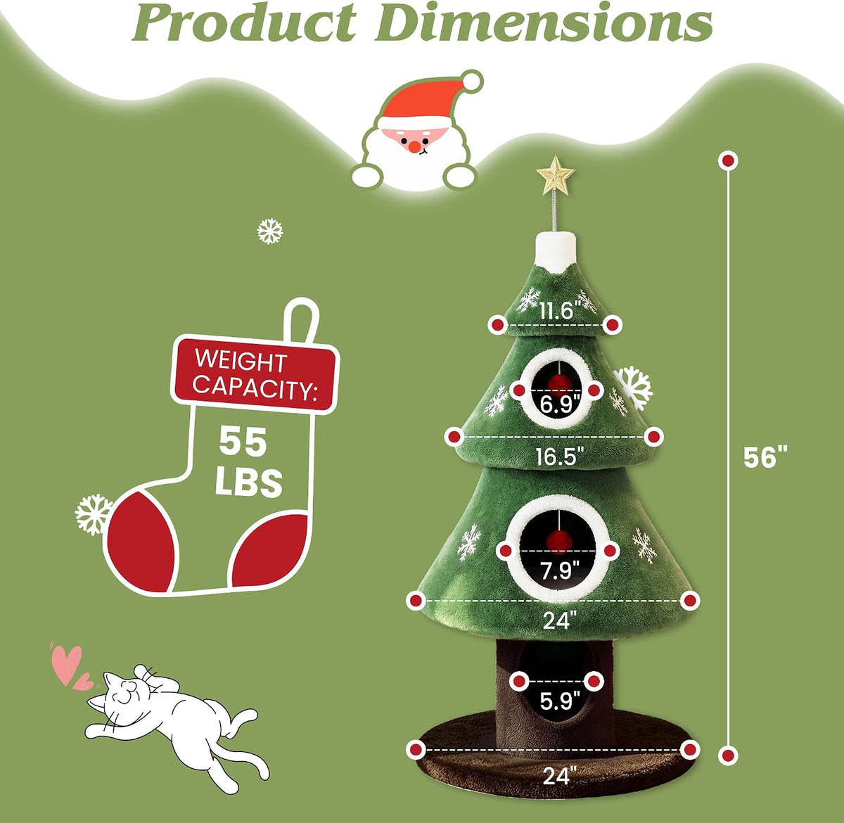 SHA CERLIN 56" Christmas Cat Tree Tower, Multi-Level Condo for Indoor Cats