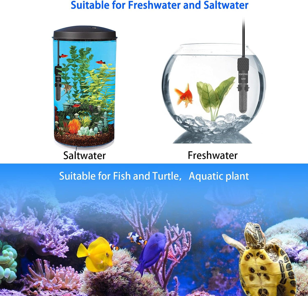YOFOTHS Adjustable Mini Aquarium Heater, 50W for Tanks 5-10 Gallons