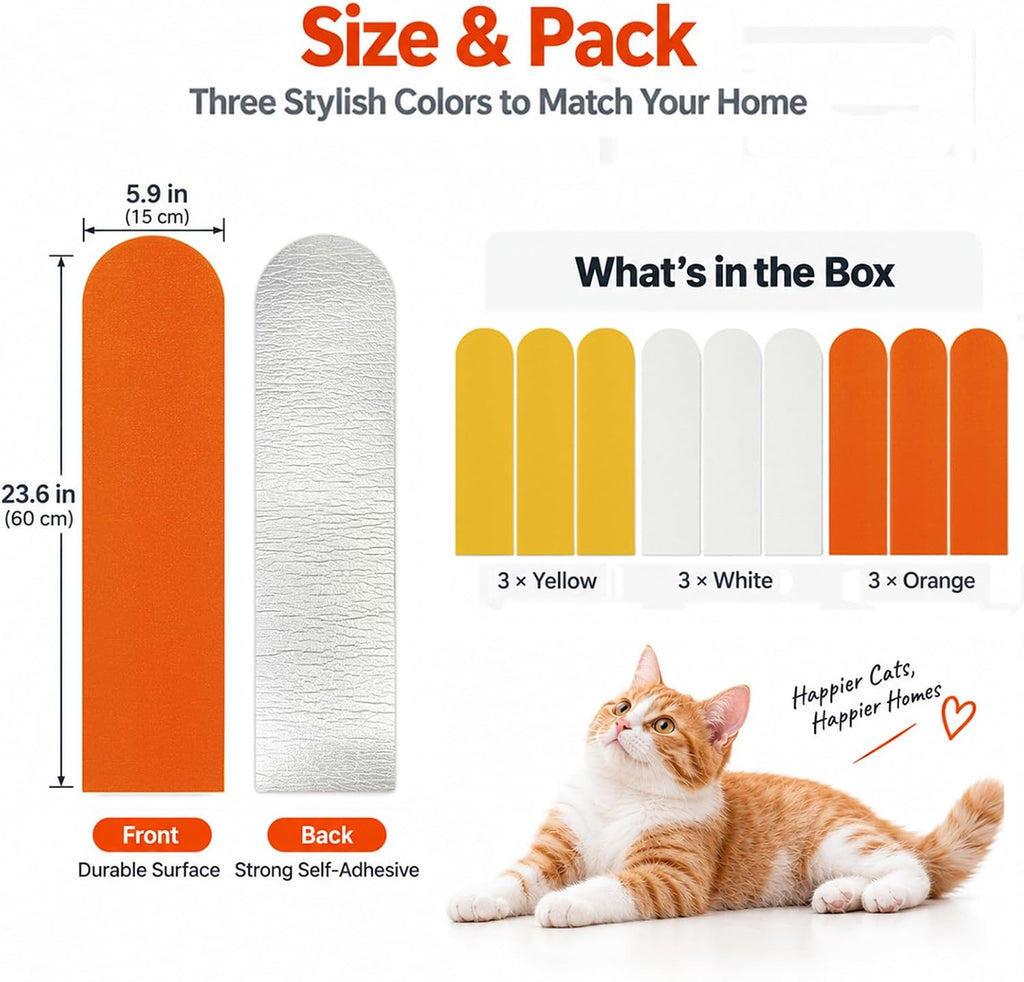 Couch Cat Scratch Protector, Adhesive Cat Scratching Pads, Corner Cat Scratchers, Door Scratch Pads, Protect Walls & Furniture from Cat Claws - 9-Pack, 23.6 x 5.9 Inches, Orange, White & Yellow