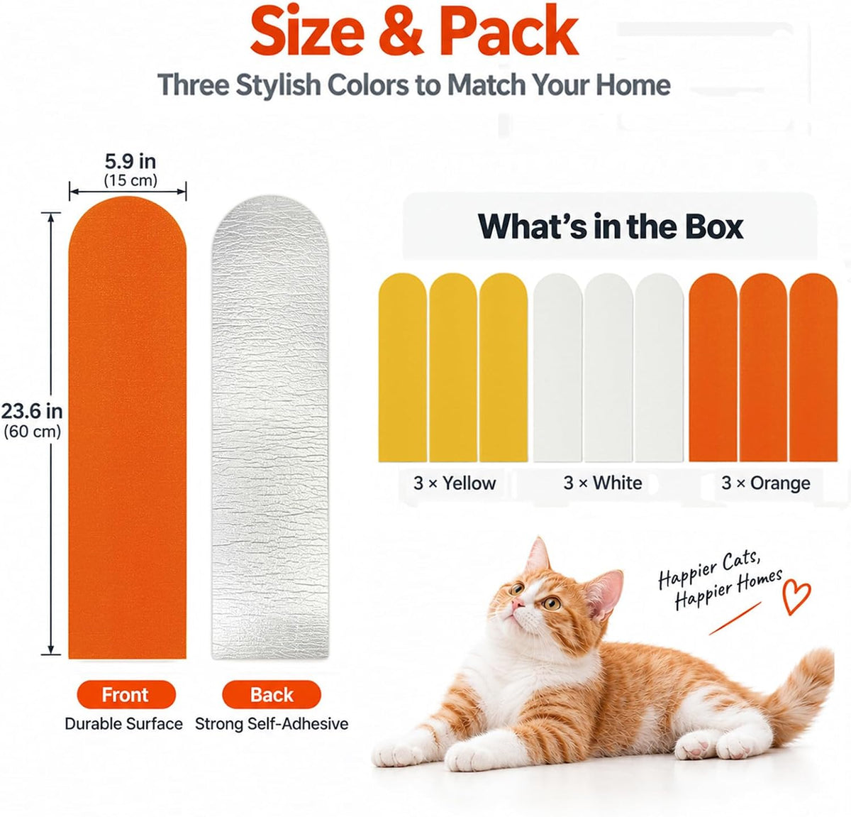 Couch Cat Scratch Protector, Adhesive Cat Scratching Pads, Corner Cat Scratchers, Door Scratch Pads, Protect Walls & Furniture from Cat Claws - 9-Pack, 23.6 x 5.9 Inches, Orange, White & Yellow