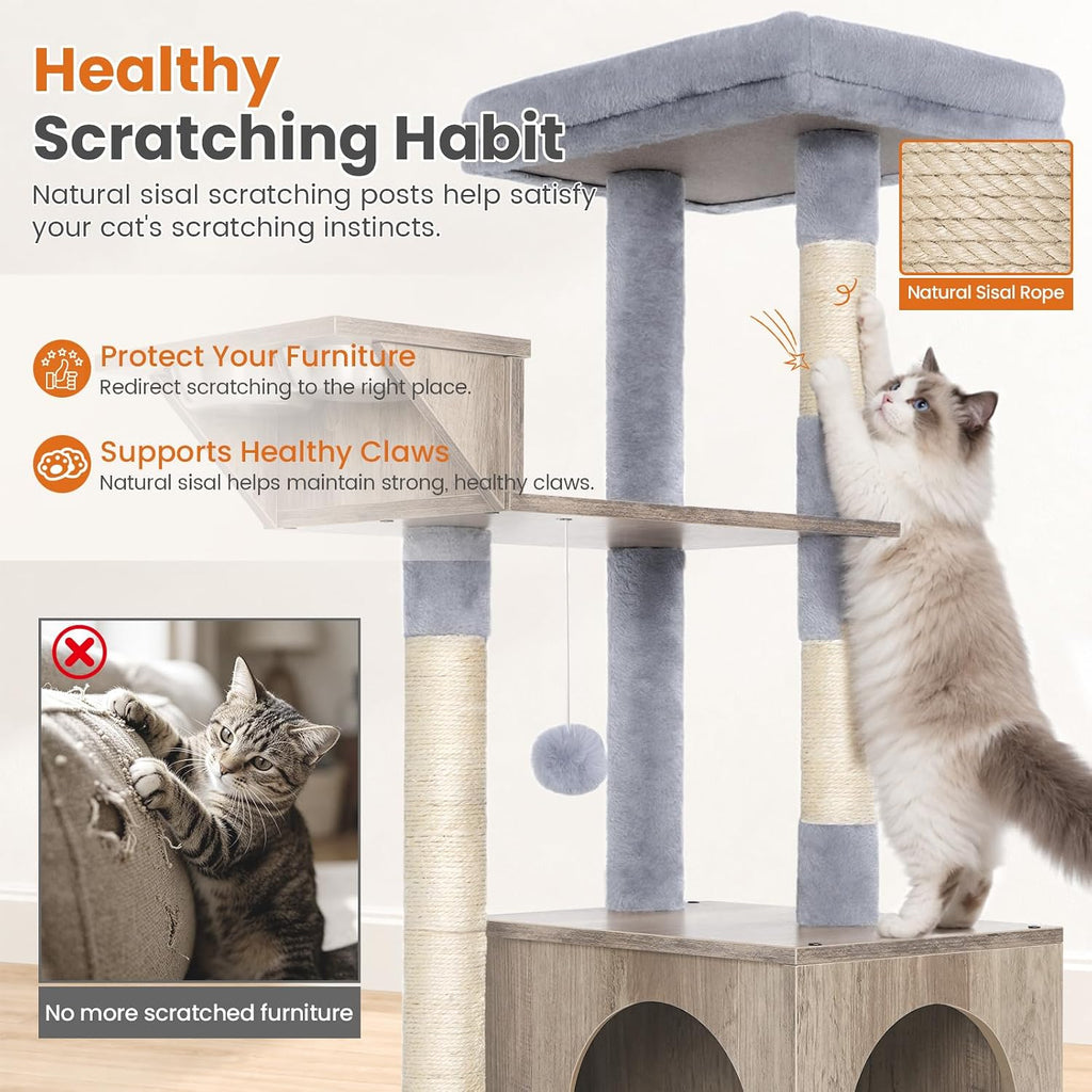 Snughome Small Cat Tree Tower for Indoor Cats, 37.4’’ Cat Tree with Feeding Station & Sisal Scratching Post for Kittens, 3-in-1 Activity Cat Tower with Cat Condo, Hanging Ball for Play Rest, Grey