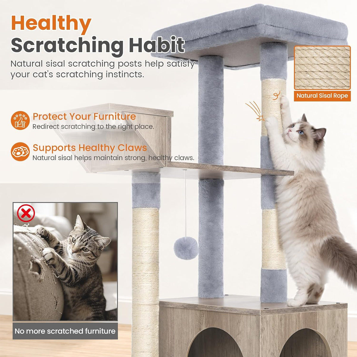 Snughome Small Cat Tree Tower for Indoor Cats, 37.4’’ Cat Tree with Feeding Station & Sisal Scratching Post for Kittens, 3-in-1 Activity Cat Tower with Cat Condo, Hanging Ball for Play Rest, Grey