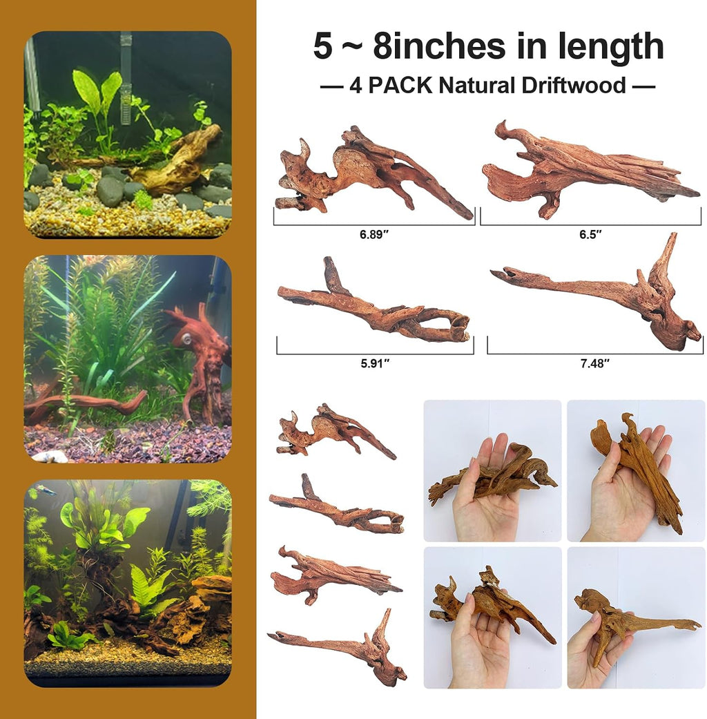 Natural Driftwood Decor for Aquarium Decorations Reptile Tank Accessories, Assorted Wood Branches Decorations on Reptile Fish Tank 2-10" 2 Pcs/4 Pcs/ 5 Pcs/ 6 Pcs (Pack of 4 (5. to 8 Inch))