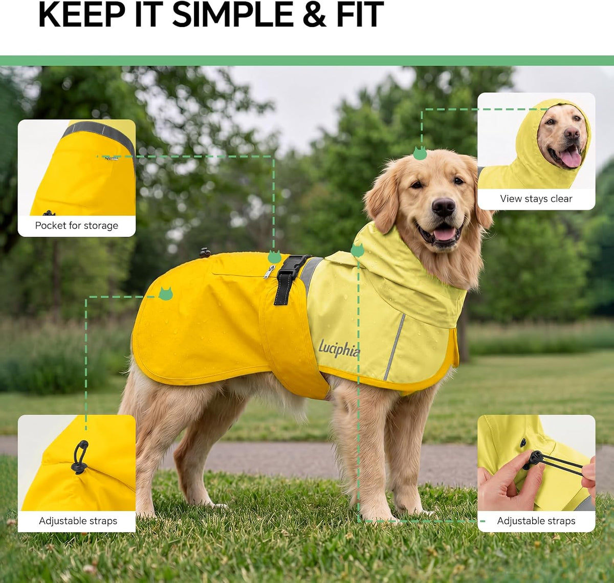 Luciphia Dog Raincoat, Adjustable Hooded Reflective Jacket with Pocket