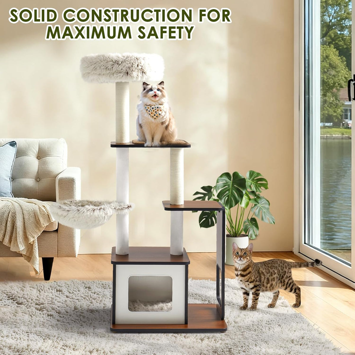 53" Cat Tree, Eco-Wood Cat Tower with Paper-Rope Scratching Post