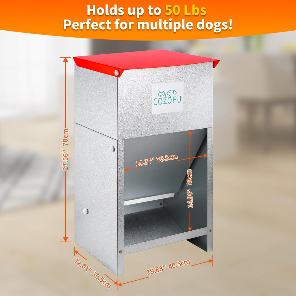 Dog Feeder Galvanized Metal Pet Food Auto Gravity Dispenser Dog 50lb