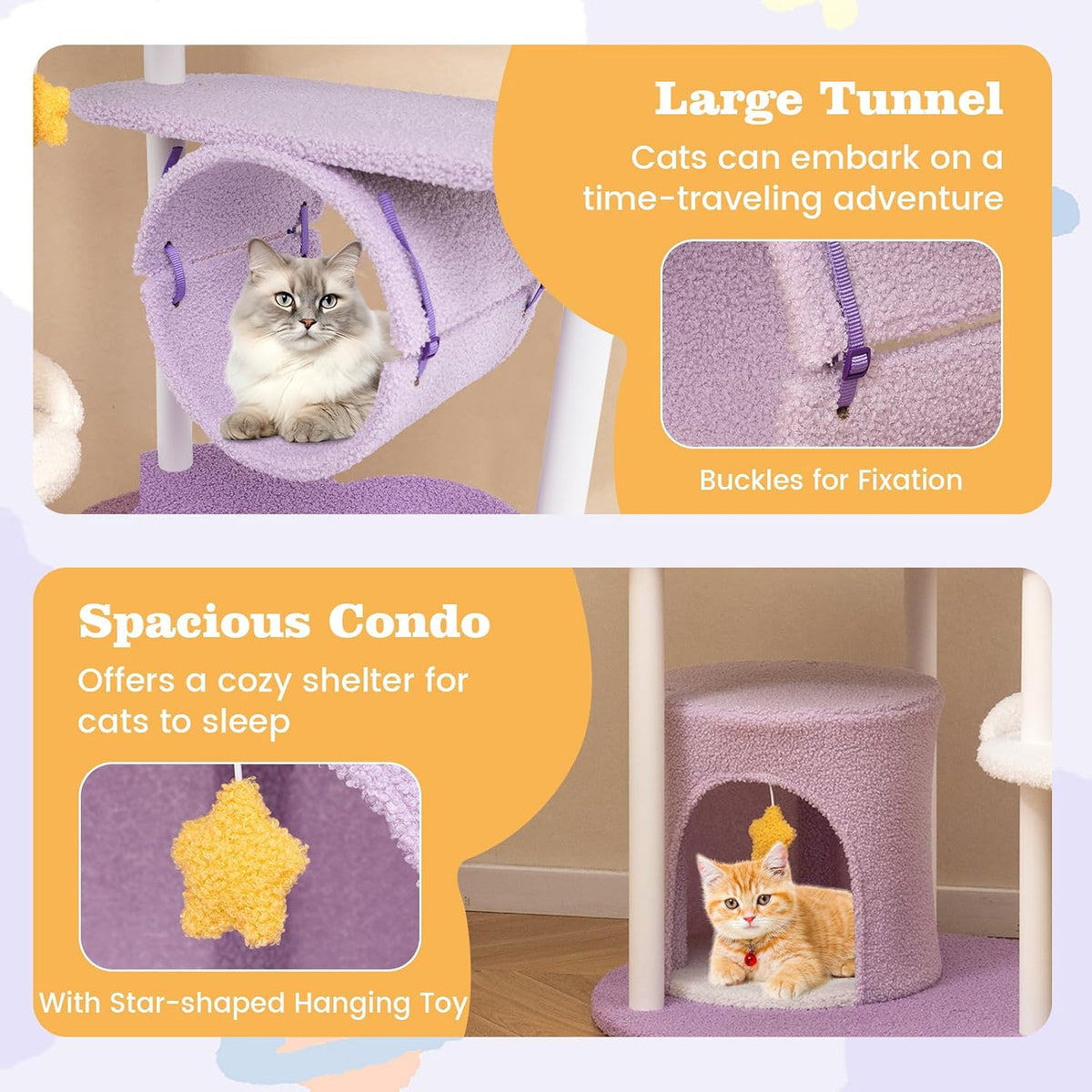 Tangkula Cute Cat Tree, 62 Inch Multi-Level Large Cat Tower with Metal Frame, Moon-Shaped Top Perch, Jumping Platforms, Cat Condo, Tunnel & Hanging Toys, Purple Cat Tree Tower for Indoor Cats
