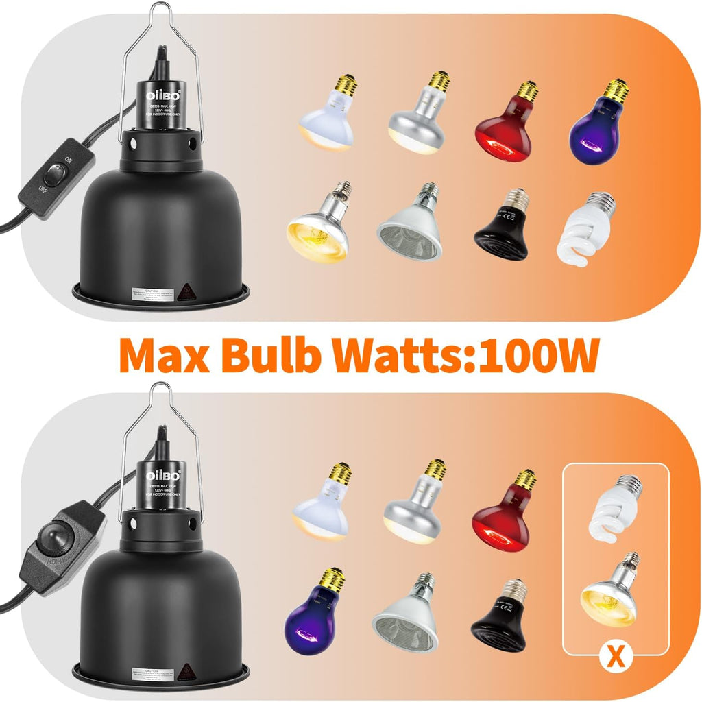 5.5 Inch Reptile Light Fixture with Dimming/Separate Switches, 2 Packs Deep Dome Lamp Cap Reflector Cover, UVB Light Heat Lamp Fixture for Reptile Glass Terrariums, Max 100W Black