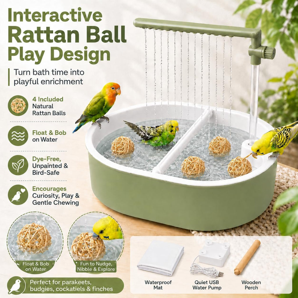 Bird Bath for Cage, Automatic Parakeet Bird Shower Fountain with 4 Natural Rattan Balls, Waterproof Mat, Adjustable Valve, Hidden Cable Pump, Dual Perch, Indoor Parrot Bathing Set, Light Green