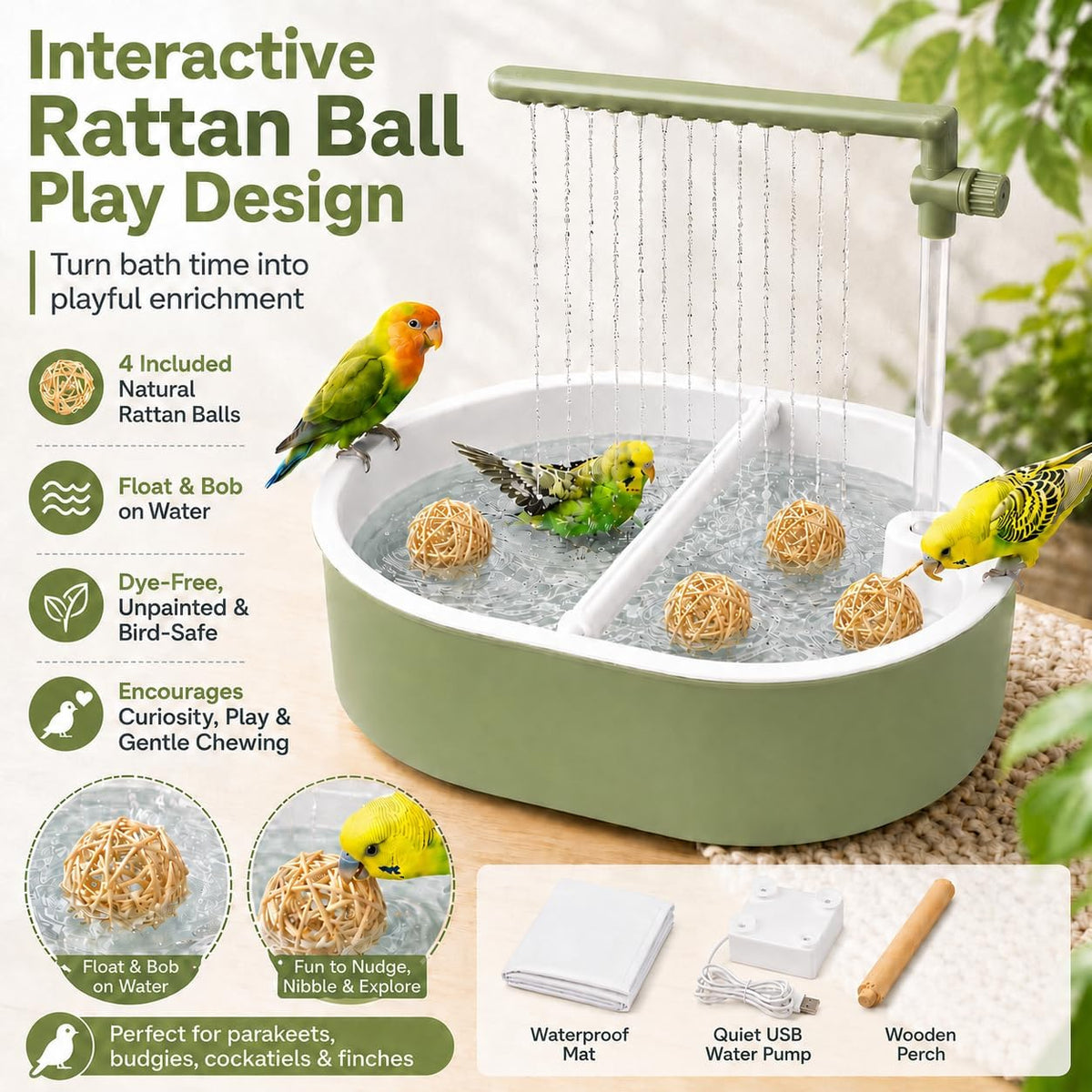 Bird Bath for Cage, Automatic Parakeet Bird Shower Fountain with 4 Natural Rattan Balls, Waterproof Mat, Adjustable Valve, Hidden Cable Pump, Dual Perch, Indoor Parrot Bathing Set, Light Green