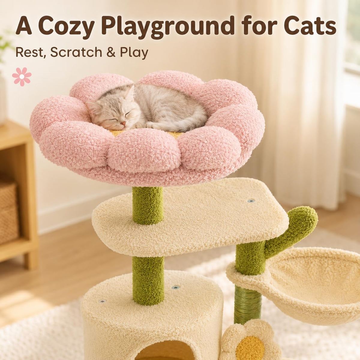 Erinnyees 38.2-Inch Flower Cat Tree for Kittens & Small Cats, 2 Condos