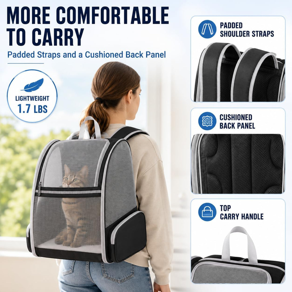 Cat Carrier Backpack for Cats and Small Dogs up to 15 lbs, Soft-Sided Foldable Pet Carrier with Breathable Mesh, Front Upper&Dual Side Entry, Support Frame, Hard Bottom for Vet Visits and Air Travel