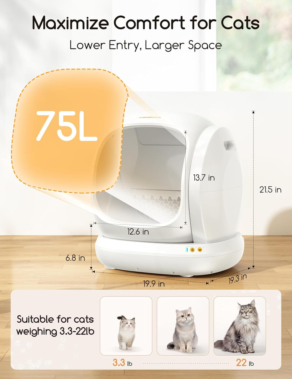 Meowant Self-Cleaning Cat Litter Box, 75L Extra Large Open-Top, APP Control