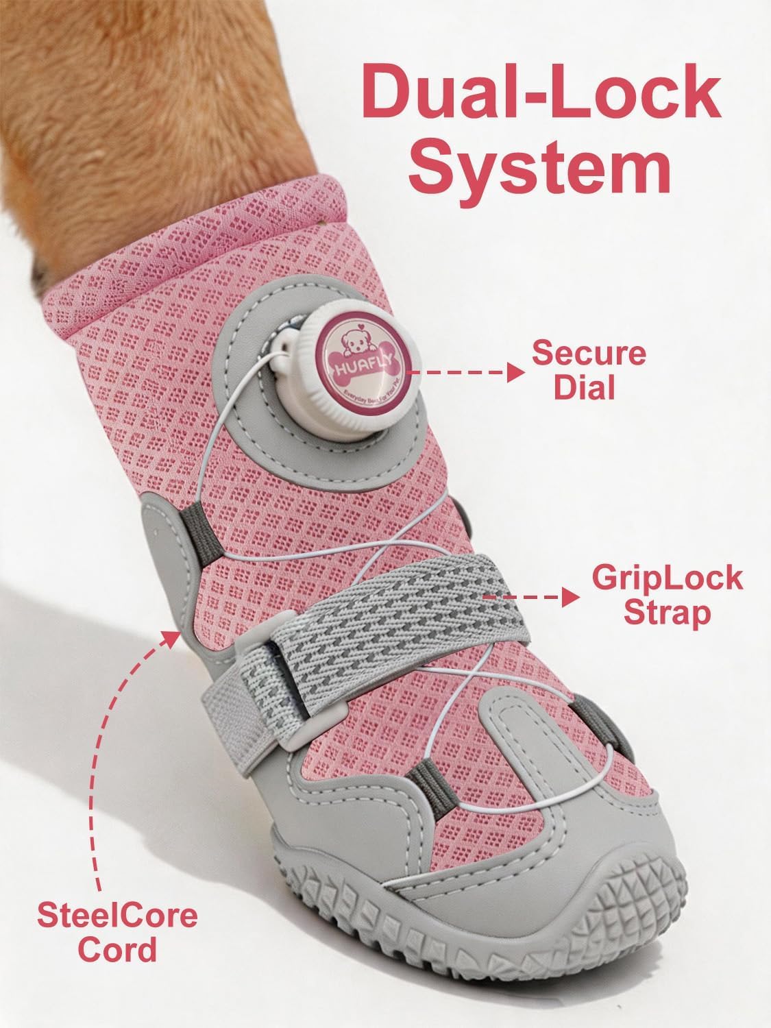 Huafly Dog Shoes Tension Knob-Twist-Lock Dog Boots&Paw Protectors Pink 4pcs