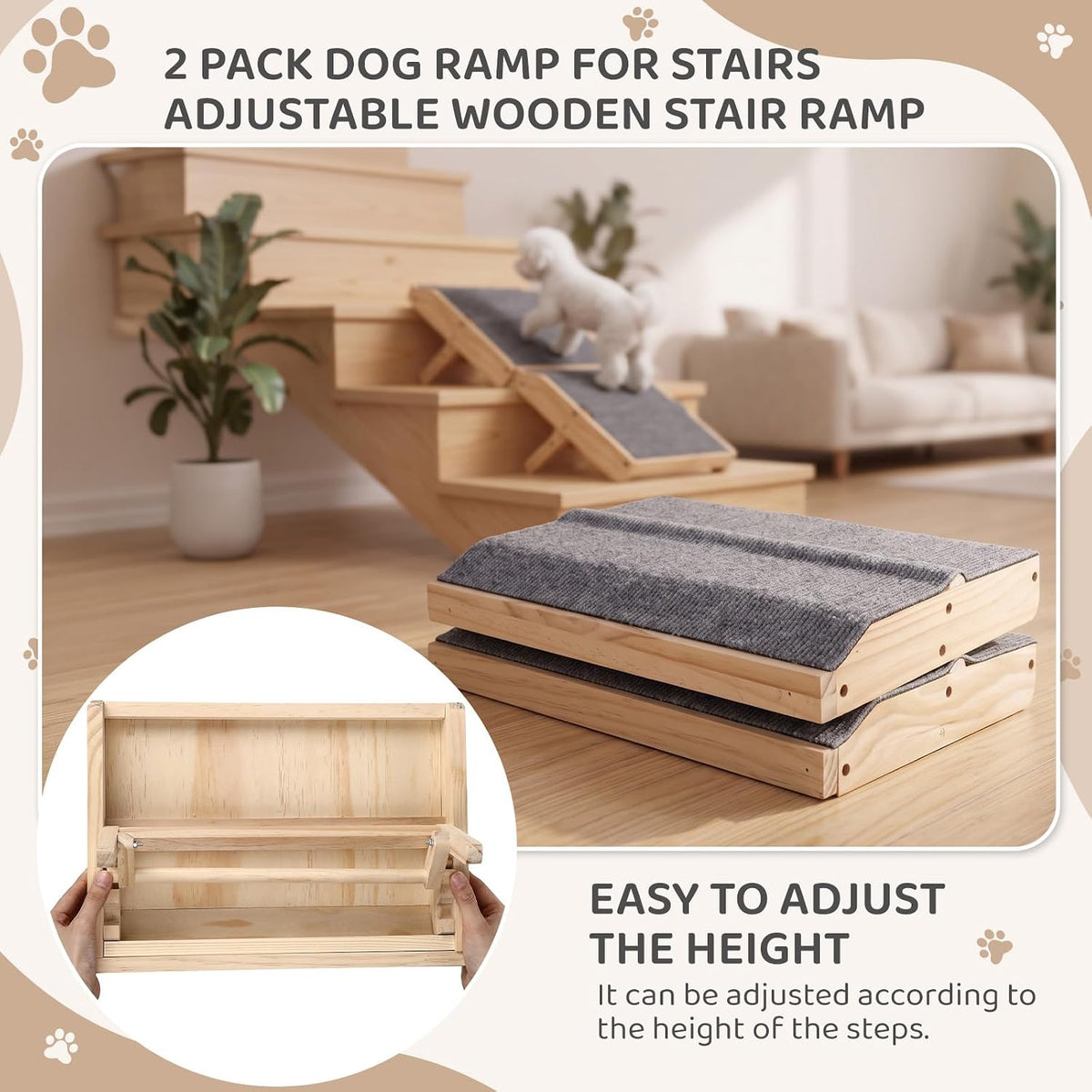 Novabright 2 Pack Adjustable Dog Ramp for Stairs Wood Pet Stair Steps