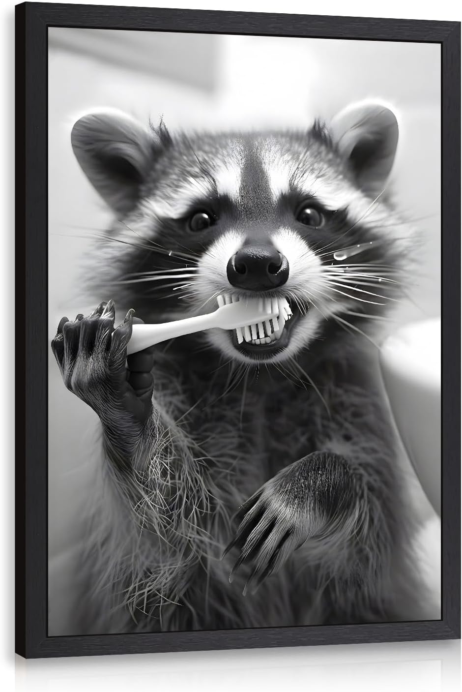 Snlihc Wood Framed Funny Raccoon Brushing Teeth Bathroom Wall Art 12x16 in