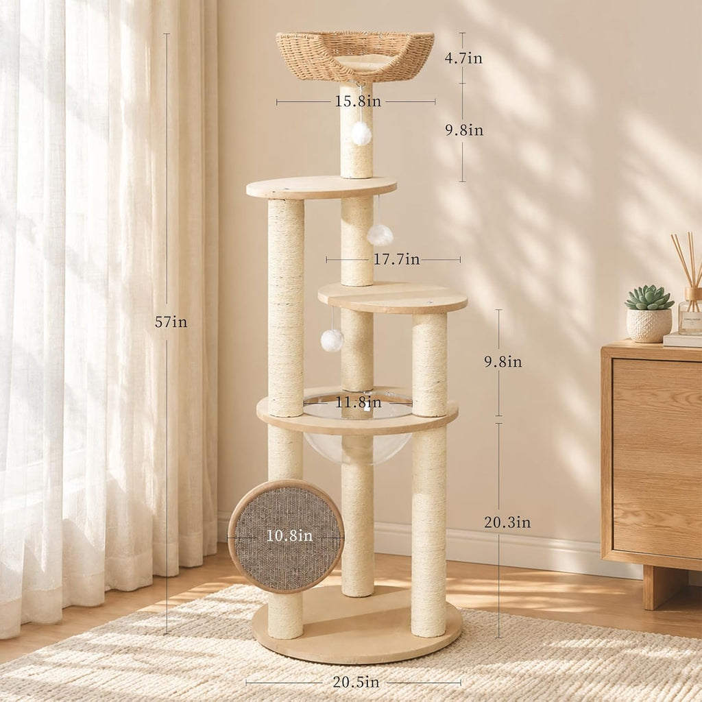 57 "Wooden Cat Tree for Large Cat, Modern Tree Tower with Multi-Level Condo