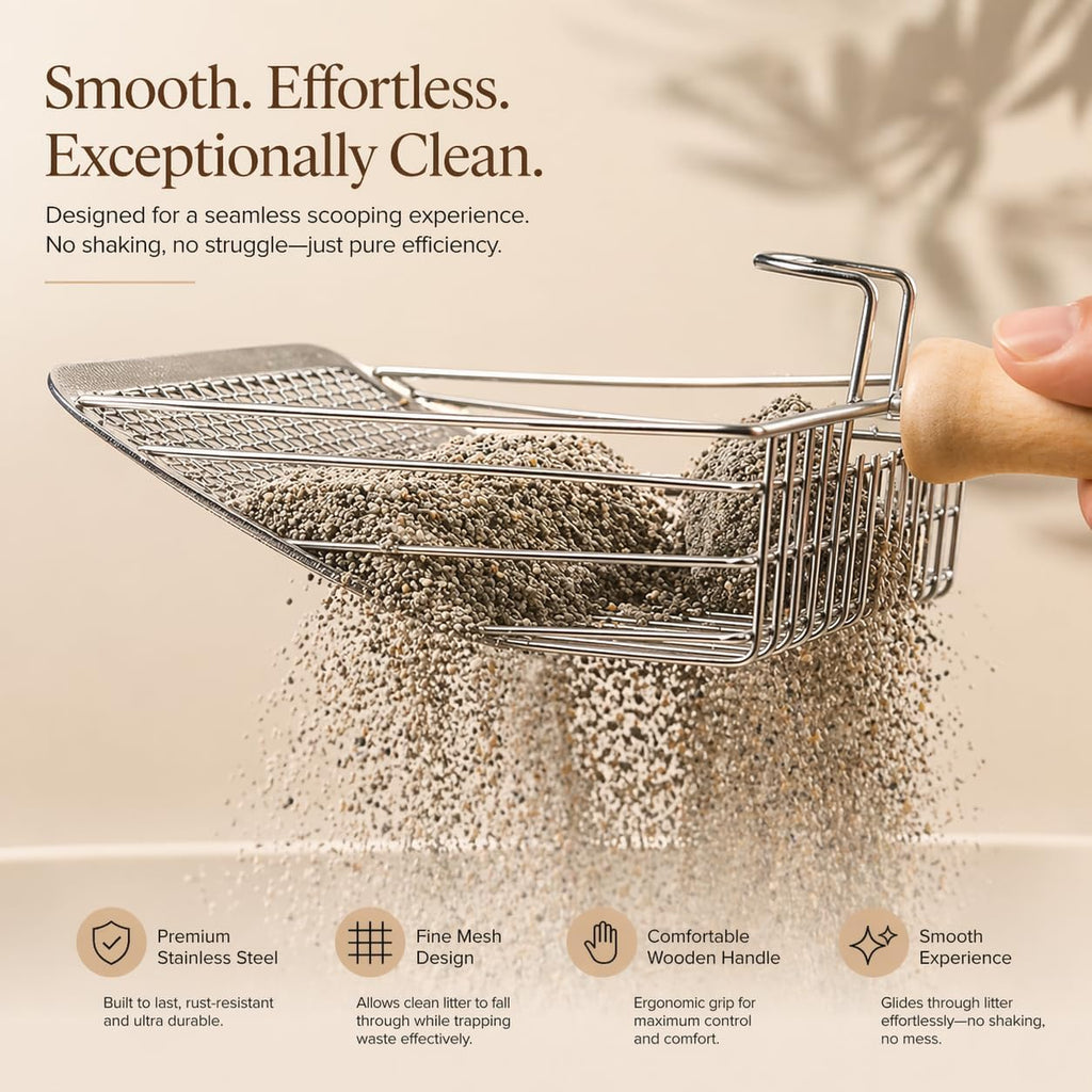 Premium Stainless Steel Cat Litter Scoop with Wooden Handle, Heavy Duty Metal Kitty Litter Scooper with Deep Sifting Basket & Built-in Hook, Durable Modern Litter Scoop for Cat Litter Box