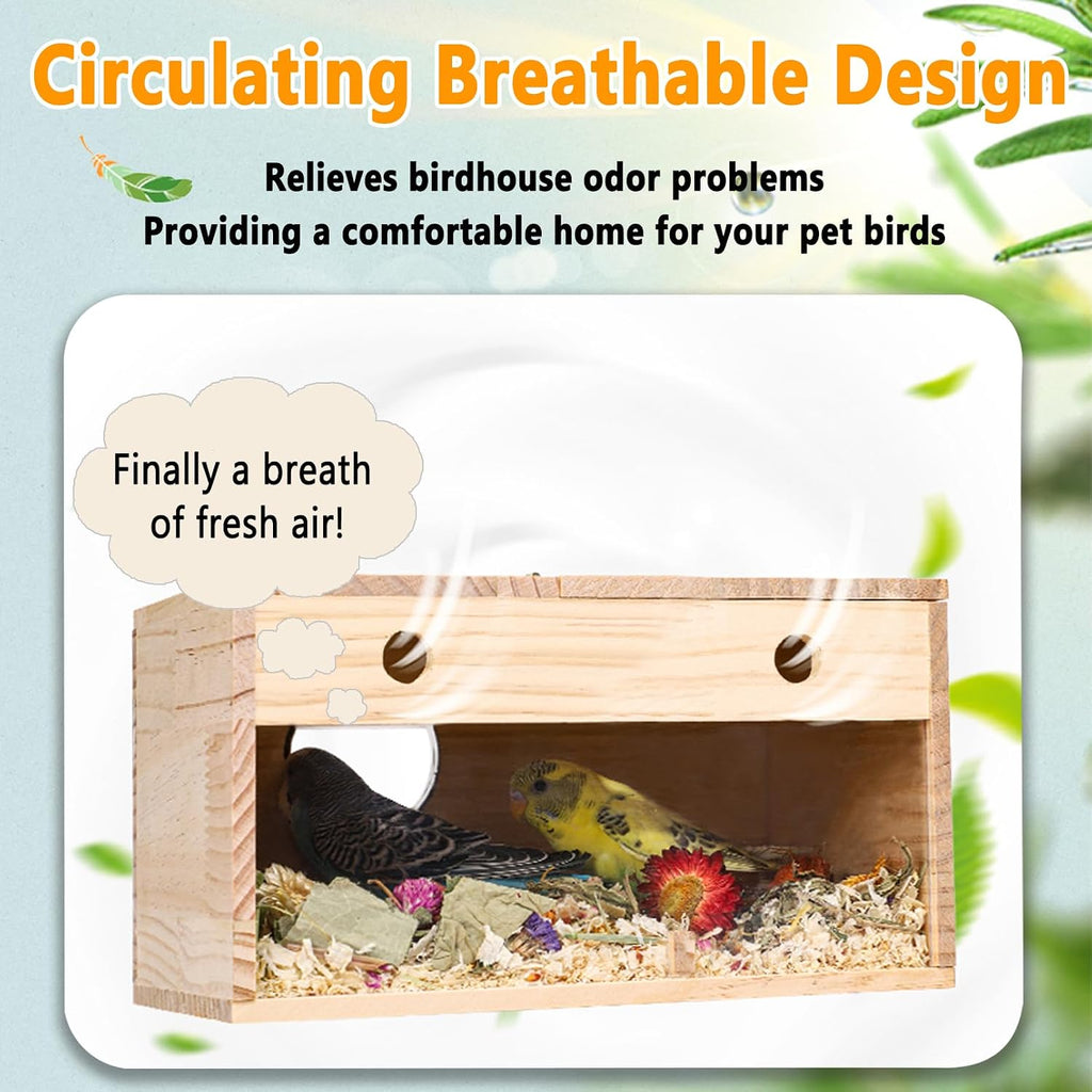 Parakeet Nesting Box with Acrylic Window, Natural Wood Breeding Box with Perch and Top-Open Lid, Bird Cage Nest House for Cockatiel Budgie Lovebirds Conure, Medium 9.8 x 4.7 x 4.9 in