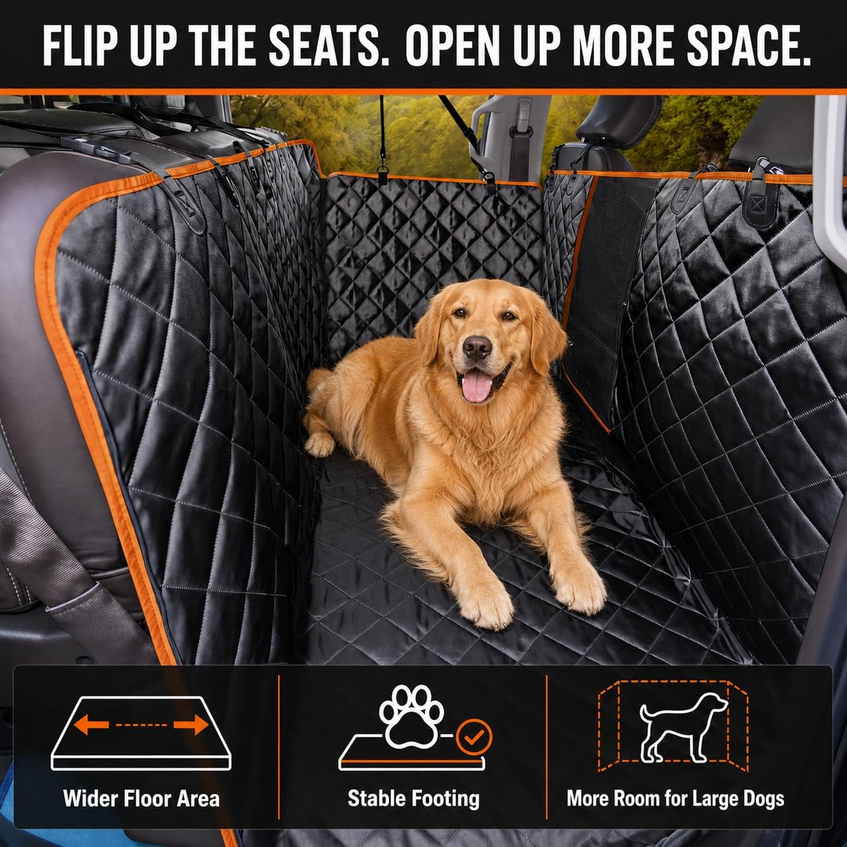 Dog Seat Cover for Trucks with Flip-Up Rear Seats, Full-Coverage Floor-Style Hammock for Large Dogs, Waterproof Nylon Oxford Protector for Full-Size Crew Cab F-150, Silverado, Sierra and Ram
