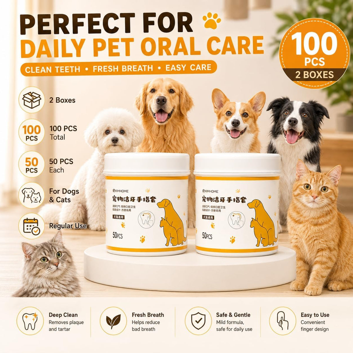 Dog Dental Wipes, 100 Count No-Rinse Finger Wipes for Dogs & Cats, Pet Teeth Cleaning Wipes to Help Remove Plaque & Tartar, Disposable Dog Toothbrush Wipes for Oral Care