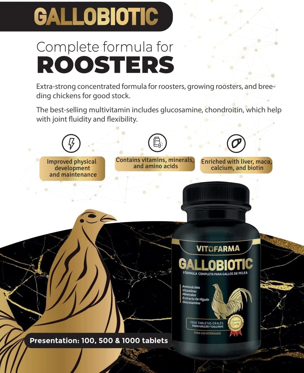 Gallobiotic Natural Multivitamin for Rooster, Hens - 100 Tablets | Vitamina Completas para Gallos