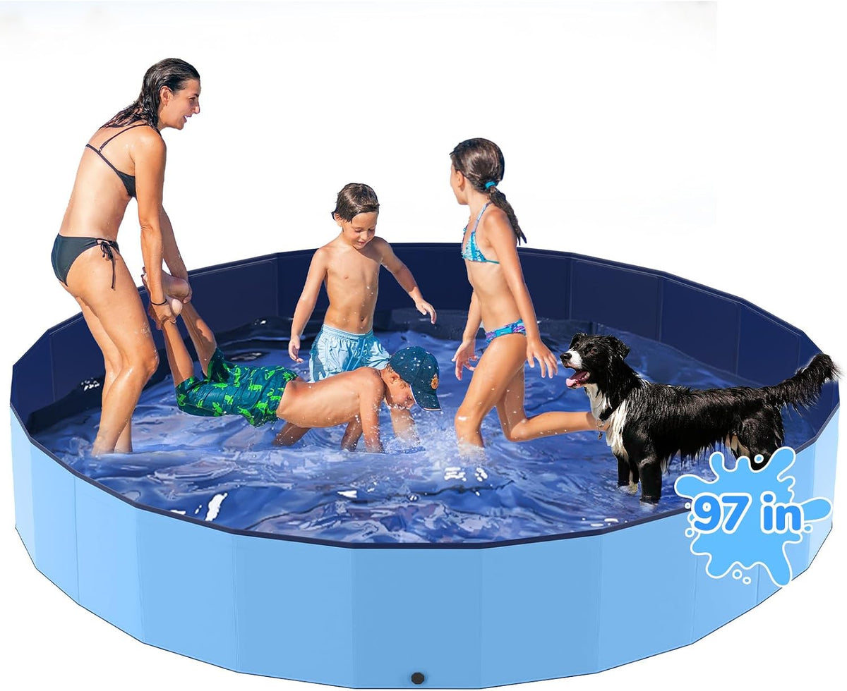 97'' Foldable Dog Pool, Kiddie Pool, Plastic Non-Slip Kids Pools, Heavy Duty Dog Pad for Large Dogs, Oversized Pet Dogs Bathtub, Indoor and Outdoor Kids Pet Wading Pools