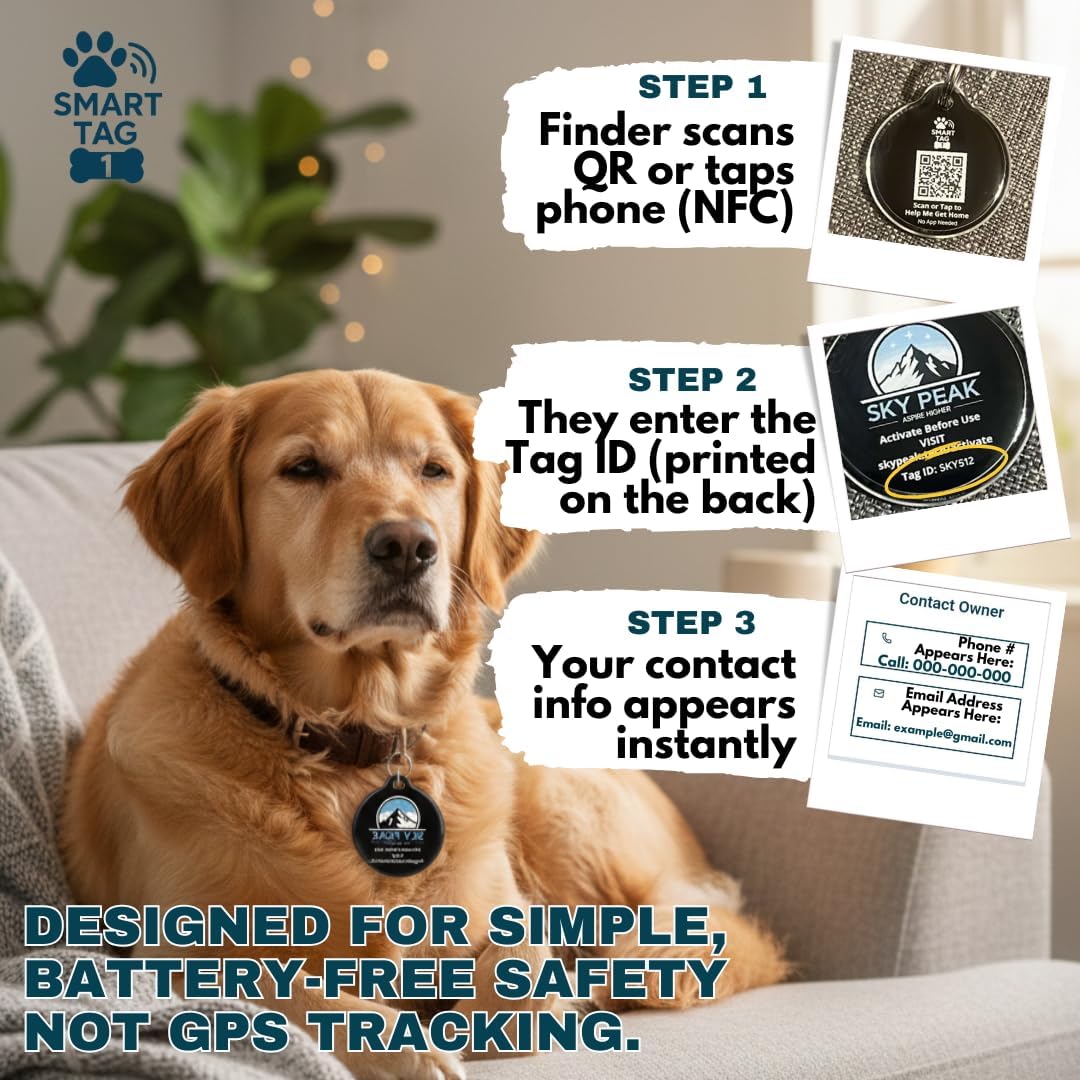 Smart Tag One™ Pet ID Tag by Sky Peak – Smart Dog Tag with QR Code + NFC Digital ID | Instant Lost Pet Alerts | No Batteries, No App | Waterproof Dog & Cat Tag