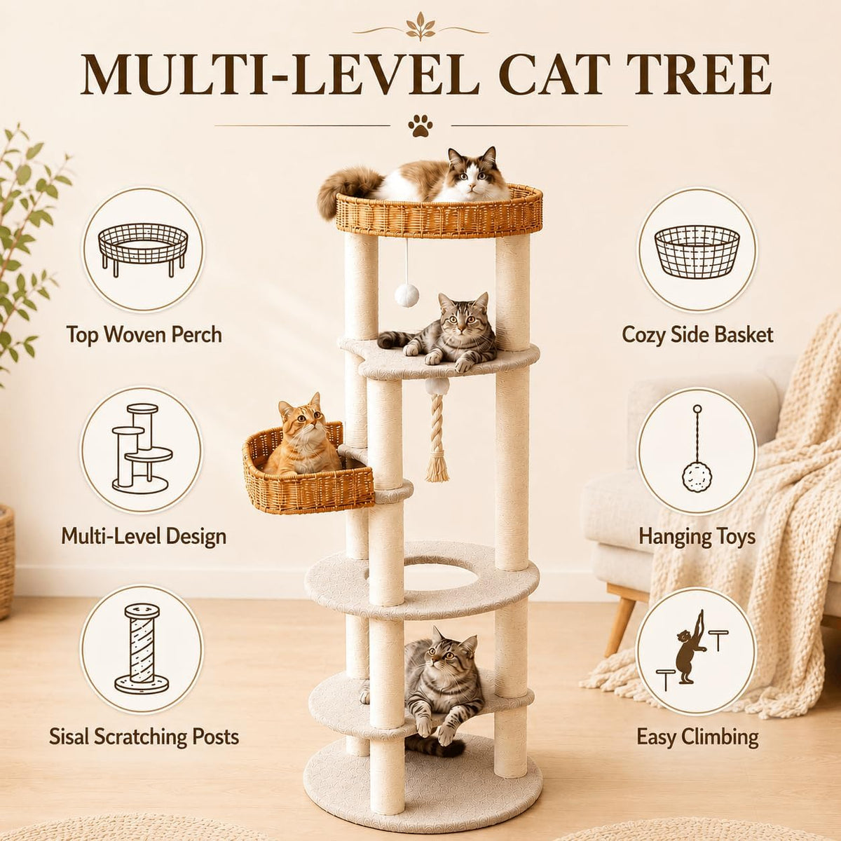 Multi-Level Cat Tree for Large Indoor Cats, 57in Tall Cat Tower