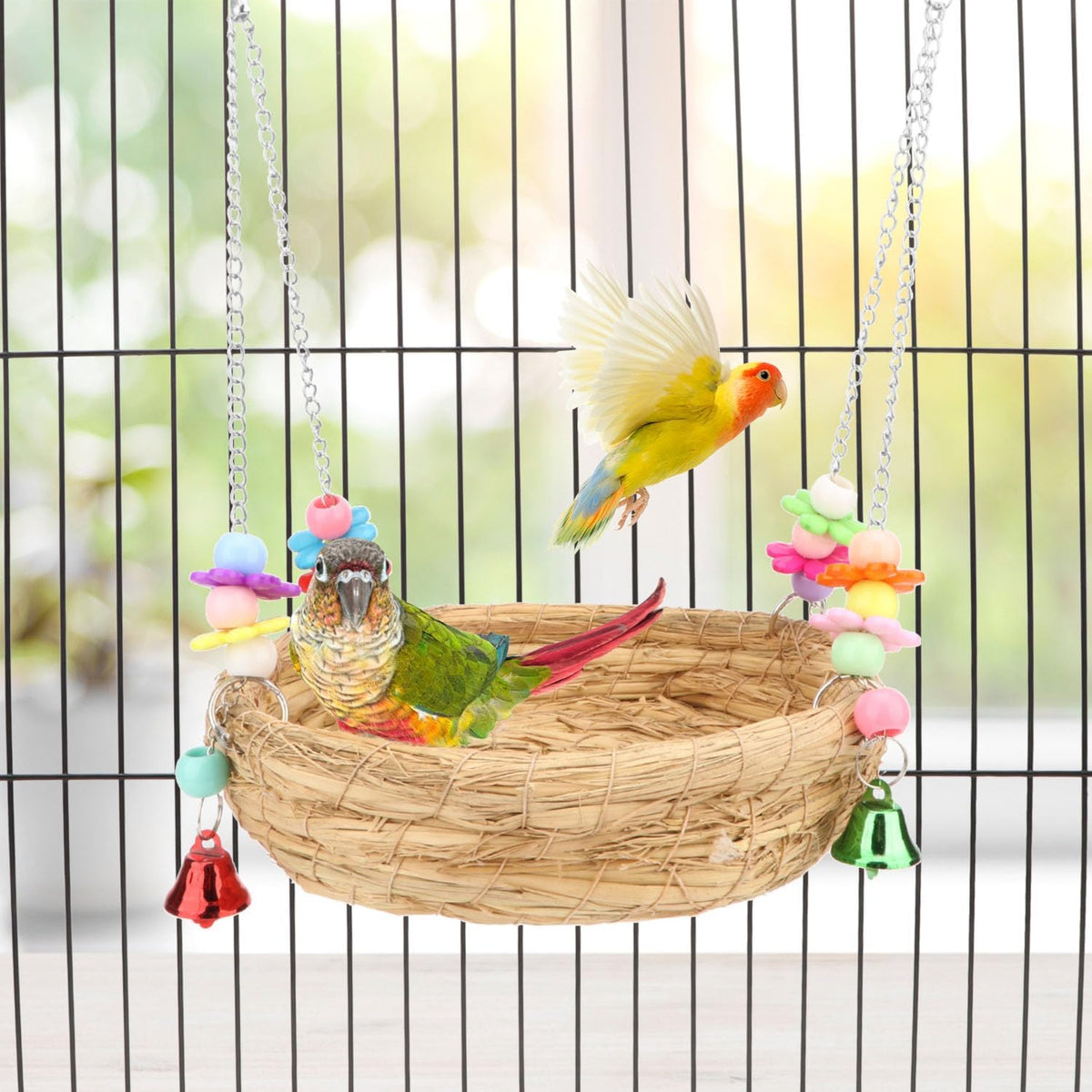 Hypeety Natural Handwoven Straw Bird Nest Bed Bird Swing Toy with Bells