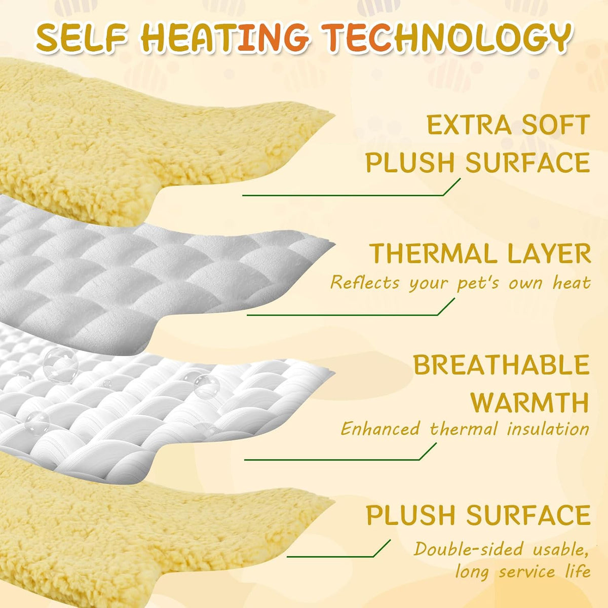3Pack Self Warming Pet Bed Leaf Pad, Light Yellow, Small-16 x20