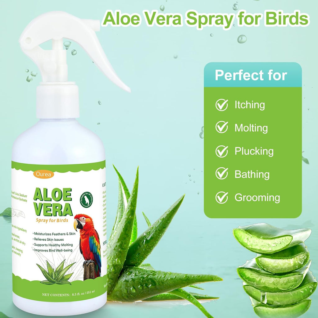 Aloe Vera Bird Spray, Moisturizes Feathers Soothes Dry Itchy Skin, Supports Molting Healthy Plumage, Prevent Feather Plucking Gentle Care, Safe Effective for Parrots Finches All Birds, Odor-Free