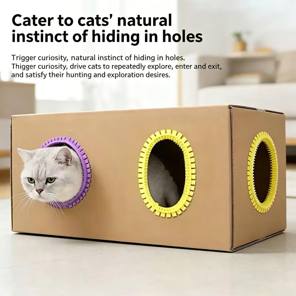 3-Pack Cat Self Groomer for Cardboard Box, Scratch Brushes with Box, Interactive Cat Arch Self Groomer with Scratching Pad, DIY Grooming Brush Ring, Hideouts & Enrichment Play (Purple Pink Yellow)