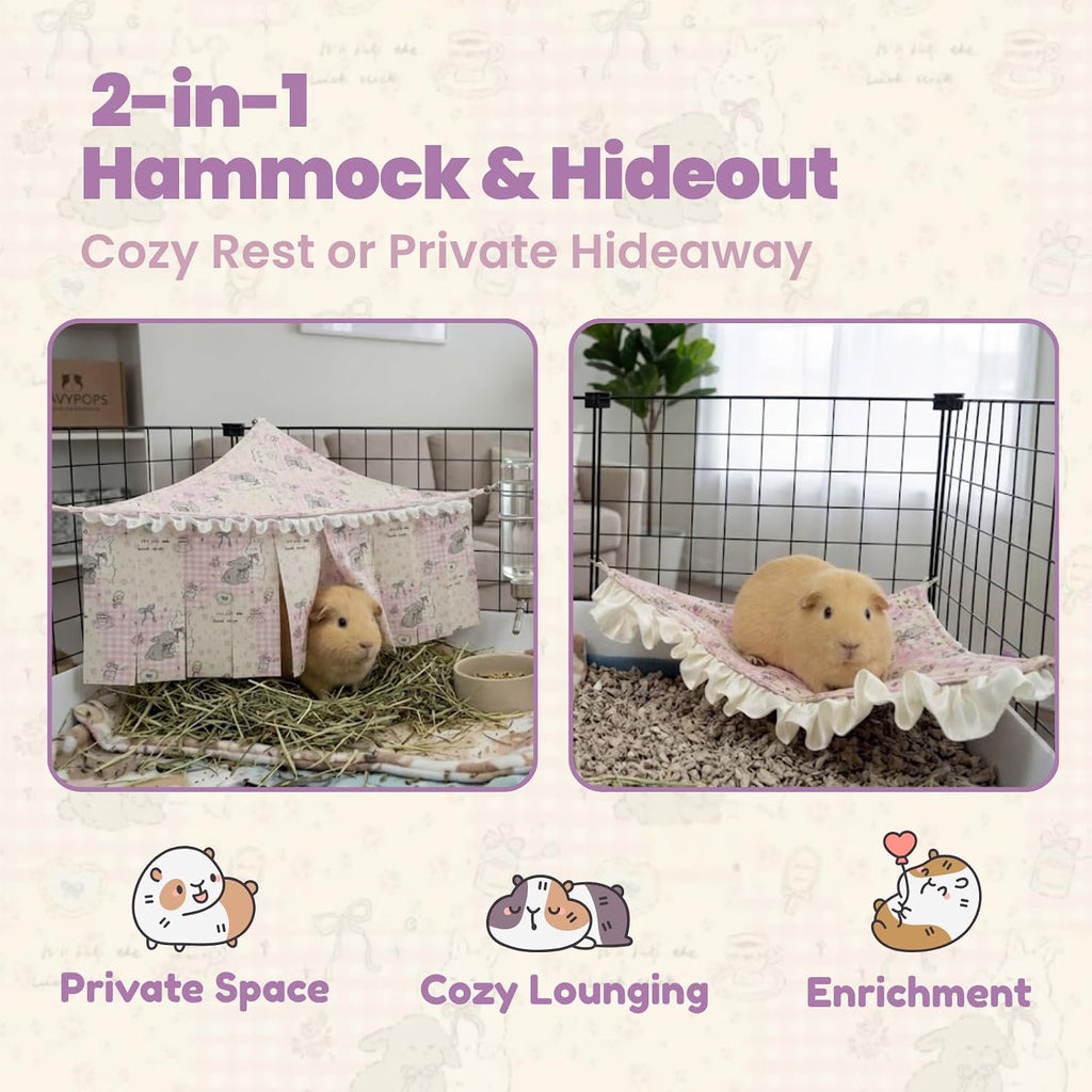 2-in-1 Guinea Pig Hammock Hideout, Adjustable Hanging Bed, Pink