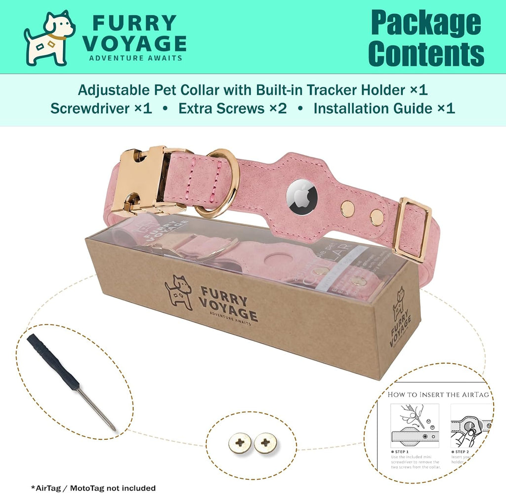 FurryVoyage Adjustable Pet Collar with Built-in Tracker Holder for Apple AirTag & Moto Tag, PU Leather Dog Collar, Quick Release Metal Buckle, D-Ring & Dual Screw Anti-Lost Design (Pink, XS (9"-12"))