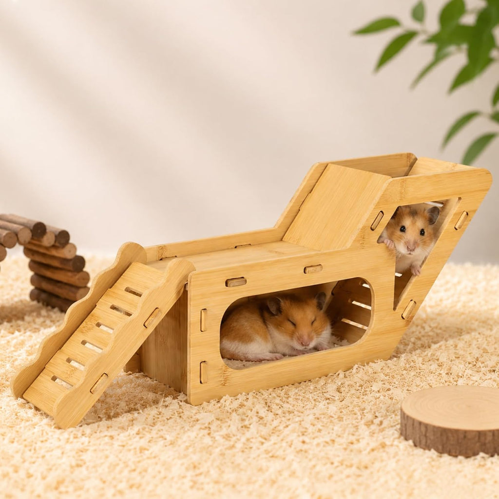 Bamboo Hamster Hideout House with Platform Dual Ramps and Ladder