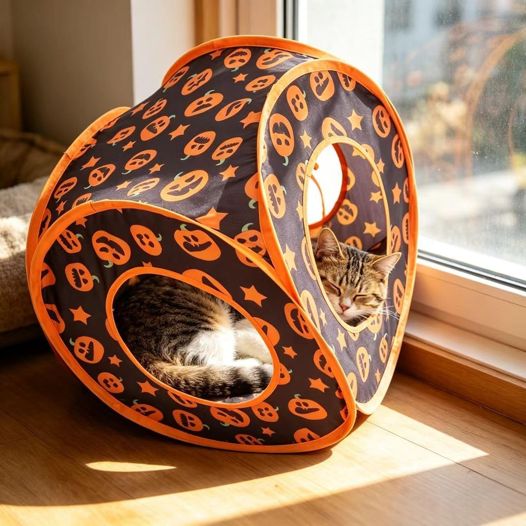 Halloween Cat Tent Cube for Indoor Cats, Pop Up Kitten Play Tunnel House, Collapsible Pet Hideaway Cave Box Toys with 3 Holes, Pumpkin Hut