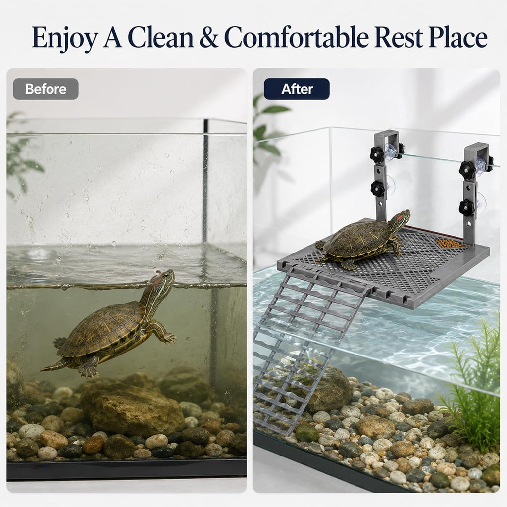 Adjustable Hanging Turtle Basking Platform, Feeding Tray, Non-Slip Ramp |Sturdy Plastic, Adjustable 4.9-7.9 in Height, 9.8 x 7.9 in Deck, Easy Assembly, Reptile Tank Accessories, Fits 20-75 Gal