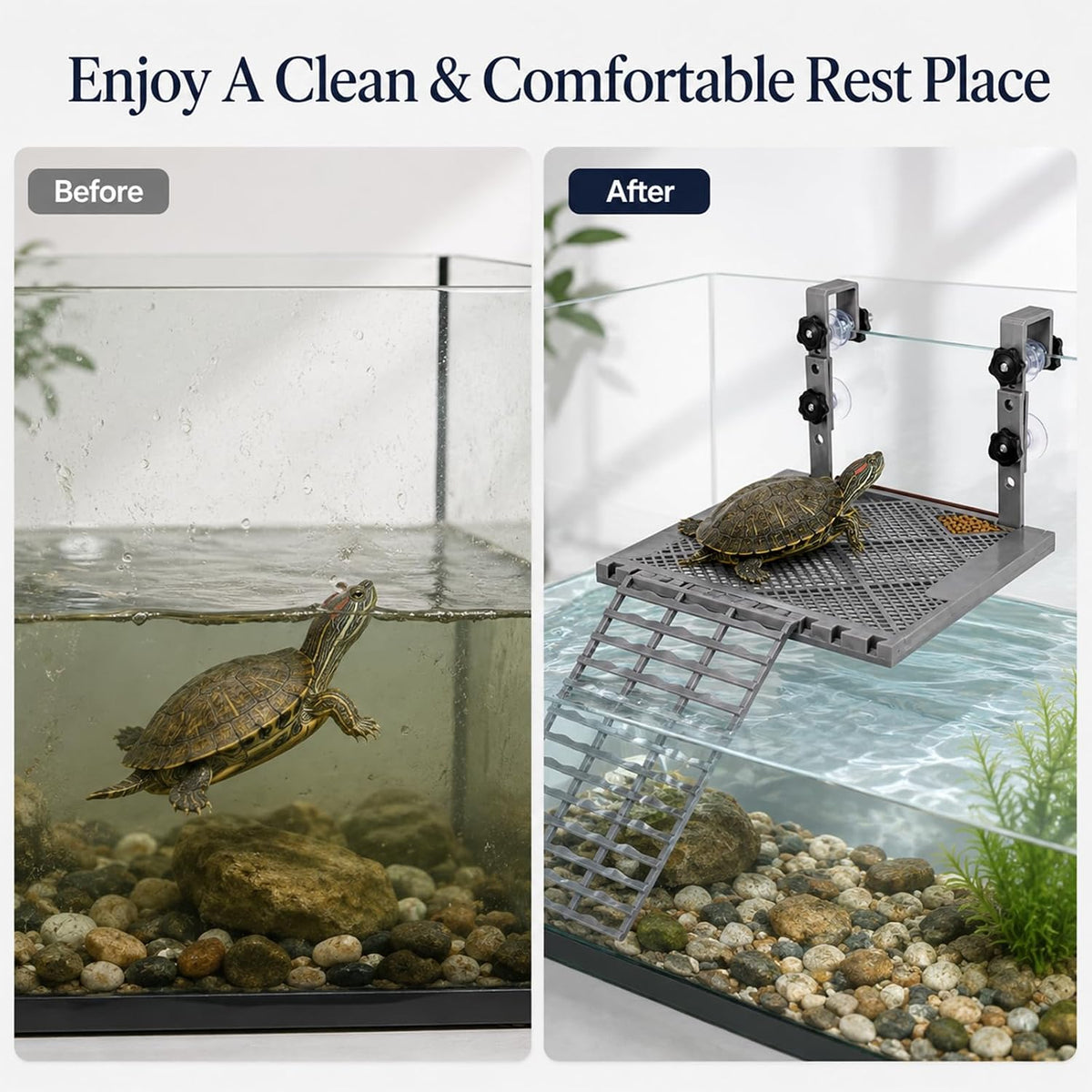 Adjustable Hanging Turtle Basking Platform, Feeding Tray, Non-Slip Ramp |Sturdy Plastic, Adjustable 4.9-7.9 in Height, 9.8 x 7.9 in Deck, Easy Assembly, Reptile Tank Accessories, Fits 20-75 Gal