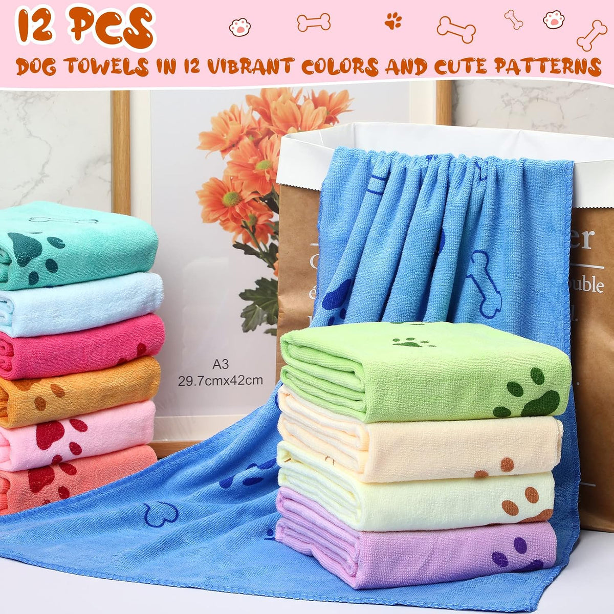 Irenare 12 Pack Dog Bath Towel Set 20'' x 39'' Microfiber, Multicolor