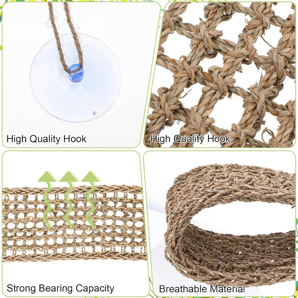 2 Pcs Bearded Dragon Hammock Reptile Lounger, Natural Seagrass Climbing Habitat Decor with Jungle Theme for Lizards, Geckos, Snakes, Iguanas, Amphibians and Terrarium